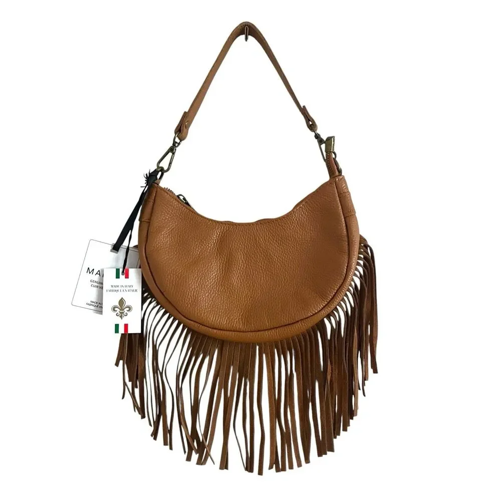 NWT Marlon Italy Leather Fringe Crescent Hobo Bag Brown Western Cowgirl Festival